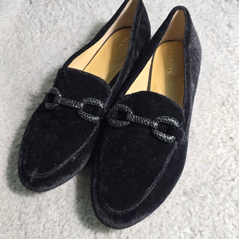 Talbots Loafers Black Velvet Crystal Bit Moccasin Womens 10M Excellent